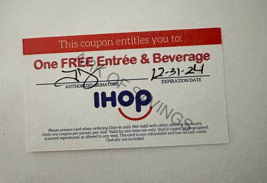 iHOP Free Entree & Beverage Voucher Cards Exp 12/31/24